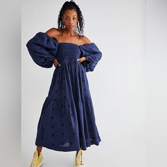 Free People Dresses & Skirts - Free People Dahlia Embroide Maxi MIDI Dress Indigo Combo